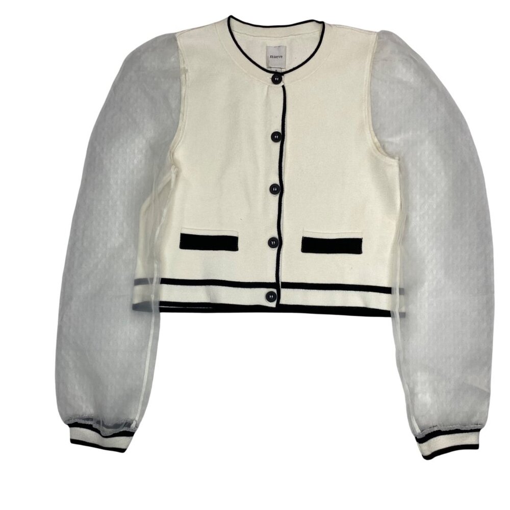 Anthropologie maeve Cream/Black Sheer Organza-Sleeve Knit Cardigan Sweater Sz M